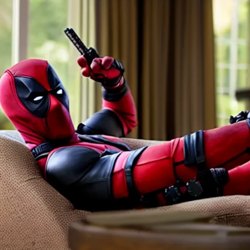 Image similar to a still of deadpool relaxing at home feet up on table