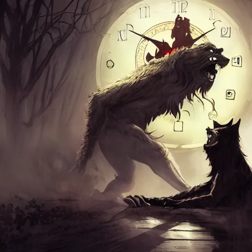 Prompt: a vampire fighting a werewolf at night in front of a giant clock face, spooky, exciting, cinematic, sharp, highly detailed digital art, trending on artstation, fantasy, occult, dramatic lighting, cinematic scene, frank frazetta, visually stunning