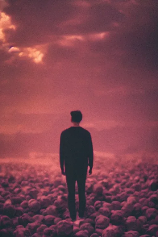 Prompt: agfa vista 4 0 0 photograph of a guy standing on a pile of human skulls, back view, synth vibe, vaporwave colors, lens flare, moody lighting, moody vibe, telephoto, 9 0 s vibe, blurry background, grain, tranquil, calm, faded!,