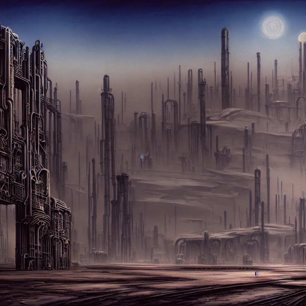 Image similar to industrial city in the desert, dune concept art by Yoshitaka Amano and H.R. Giger, monolithic structures, looming buildings, dark atmosphere, 4k, detailed,