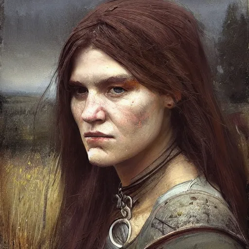 Image similar to Richard Schmid and Jeremy Lipking full length portrait painting of A shield-maiden (Old Norse: skjoldmø [ˈskjɑldˌmɛːz̠]) was a female warrior from Scandinavian folklore and mythology. Shield-maidens are often mentioned in sagas such as Hervarar saga ok Heiðreks and in Gesta Danorum. They also appear in stories of other Germanic peoples: Goths, Cimbri, and Marcomanni.[1] The mythical Valkyries may have been based on such shield-maidens. She carries a shield on one arm, and a spear in her other hand