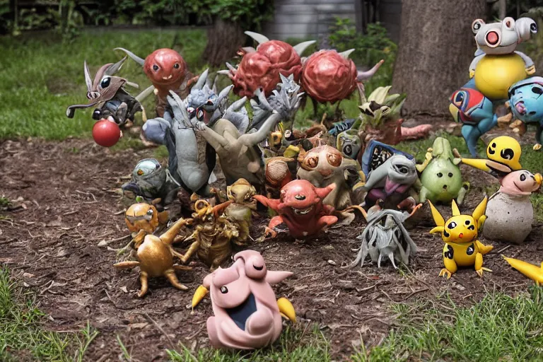 Image similar to autochrome photo of vintage disgusting brown Pokémon action figures, plastic Pokémon toys left outside for many years, backyard, kaiju, oni, realistic