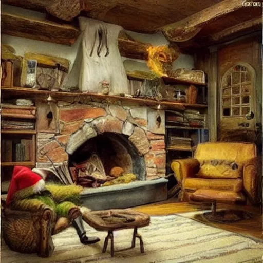 Image similar to (((((((hobbit and knome house living room with blazing fireplace))))))) . muted colors. by Jean-Baptiste Monge !!!!!!!!!!!!!!!!!!!!!!!!!!!!!!!!!!!!!!!! ((((((((((((((((((watercolor sketch))))))))))))))))))