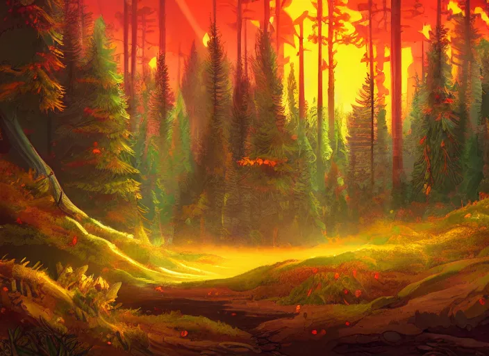 Prompt: gravity falls forest artwork, dramatic theming, mood lighting, unfortunate, hand painted cartoon art style, brutal, autumn, golden sunset, nostalgia, scenic, with text, 8k, award winning, wish you were here, mystical, beautiful, amazing