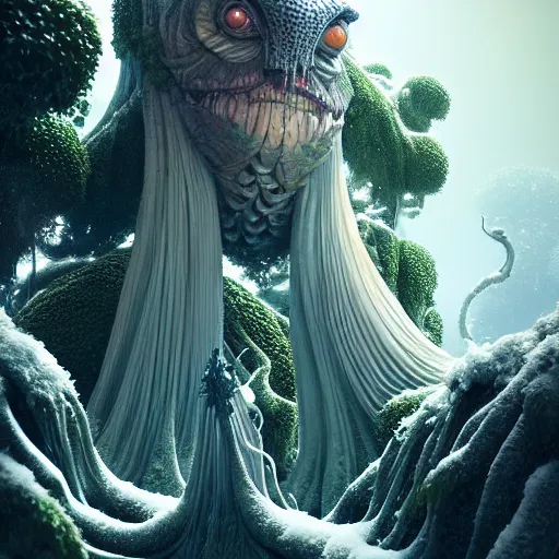 Prompt: a giant creature in a lush trunda vegetation, snow snow :: by Michal Karcz, Daniel Merriam, Victo Ngai and Guillermo del toro :: ornate, dynamic, particulate, intricate, elegant, highly detailed, centered, artstation, smooth, sharp focus, octane render, 3d