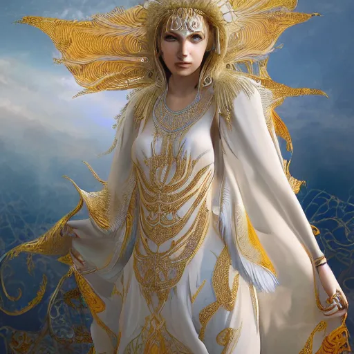 Image similar to a beautiful woman wearing white kaftan with golden ornaments by alex gray and android jones , Karol Bak, Ayami Kojima, Amano , concept art, character design, fantasy,3D, 8k resolution