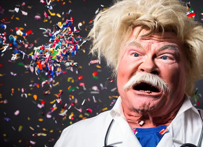 Image similar to photo still of rip taylor in patient surgery room!!!!!!!! at age 5 4 years old 5 4 years of age!!!!!!! throwing confetti from a bucket, 8 k, 8 5 mm f 1. 8, studio lighting, rim light, right side key light