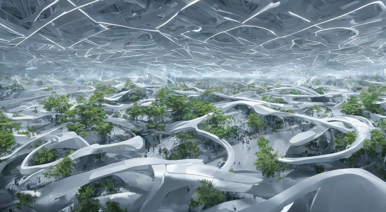 Image similar to futuristic open office with parks and plants, glowing computer screens, made with glossy white plastic and large windows and voluminous light and light rays, extremely intricate, very detailed, in style of zaha hadid, artstation, octane render, cinematic lighting