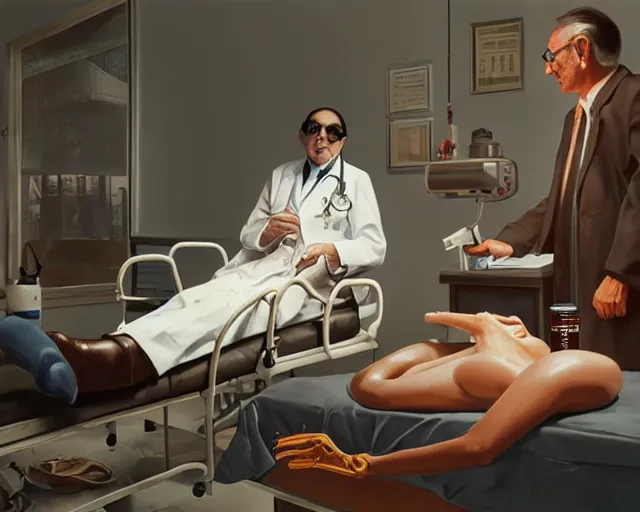 Image similar to extremely greasy doctor slathering snake oil all over a patient's broken foot. It will surely be cured within the hour. Painting by Vince Ray and Syd Mead, 3D rendering by Beeple, directed by Robert Eggers