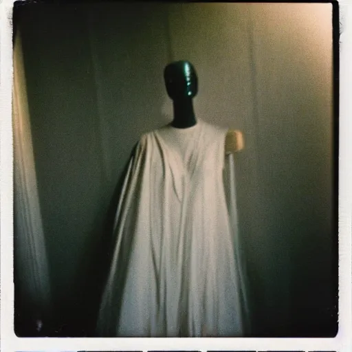 Prompt: a mannequin at the top of a dark stairwell, abandoned, creepy, eerie, scary, old polaroid, expired film, out or focus,