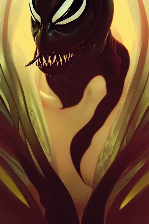 Image similar to a portrait of venom, fantasy, sharp focus, intricate, elegant, digital painting, artstation, matte, highly detailed, concept art, illustration, ambient lighting, art by ilya kuvshinov, artgerm, alphonse mucha, and greg rutkowski