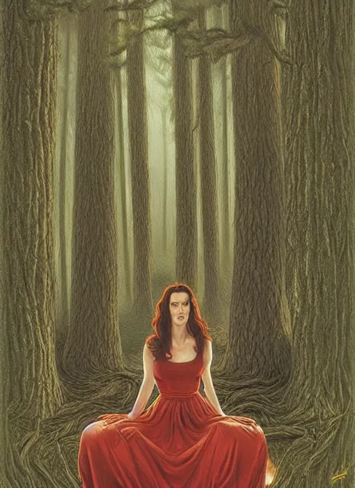 Image similar to portrait of jennifer connelly in woods looking for her friends, twin peaks poster art, from scene from twin peaks, by michael whelan, artgerm, retro, nostalgic, old fashioned