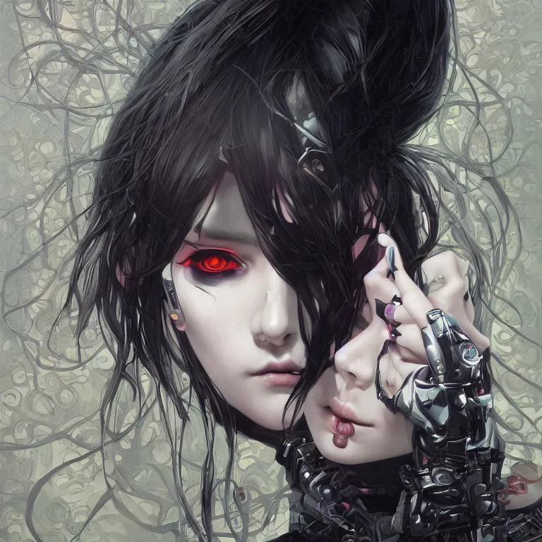 Prompt: portrait of beautiful young goth babe, cyberpunk, Warhammer, highly detailed, artstation, illustration, art by Gustav Klimt and Range Murata and Ilya Kuvshinov and Sakimichan