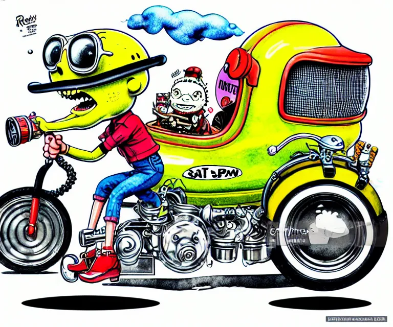 Prompt: cute and funny, salt and pepper, wearing a helmet, driving a hotrod, oversized enginee, ratfink style by ed roth, roth's drag nut fuel, centered award winning watercolor pen illustration, isometric illustration by chihiro iwasaki, the artwork of r. crumb and his cheap suit, cult - classic - comic,