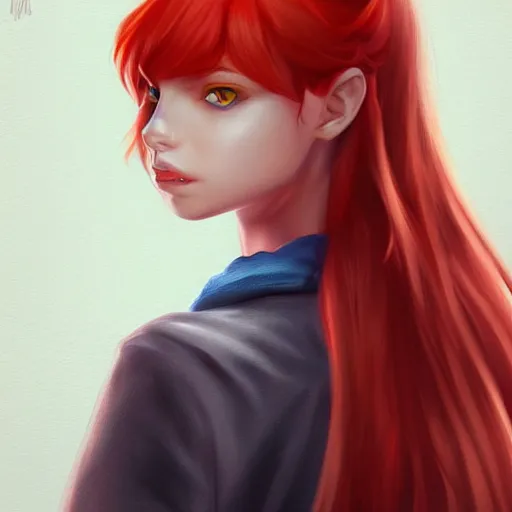 Prompt: a girl wearing casual clothes, red hair, blue eyes, highly detailed, digital painting, artstation, concept art, smooth, sharp focus, illustration