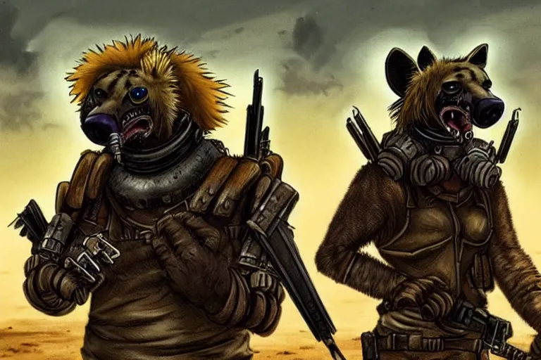 Image similar to a good ol'hyena fursona ( from the furry fandom ), heavily armed and armored facing down armageddon in a dark and gritty version from the makers of mad max : fury road. witness me.