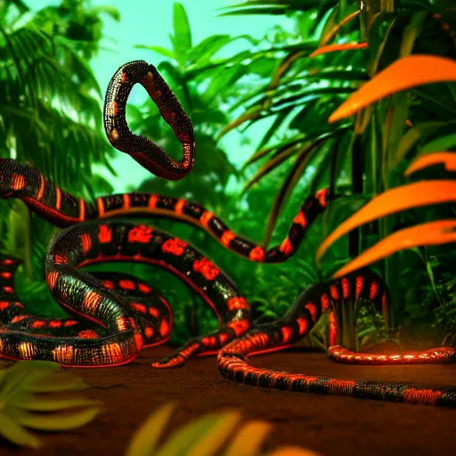 Prompt: robot snake in the middle of the jungle spying enemy country, red glowing eyes, dense jungle, middle of night, hd, uhd, 8 k, octane render