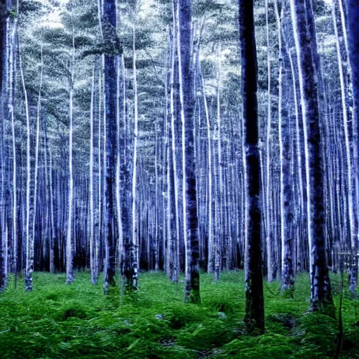 Image similar to Looking at the forest floor, An indigo forest in Japan, dark, midnight, ghostly white trees