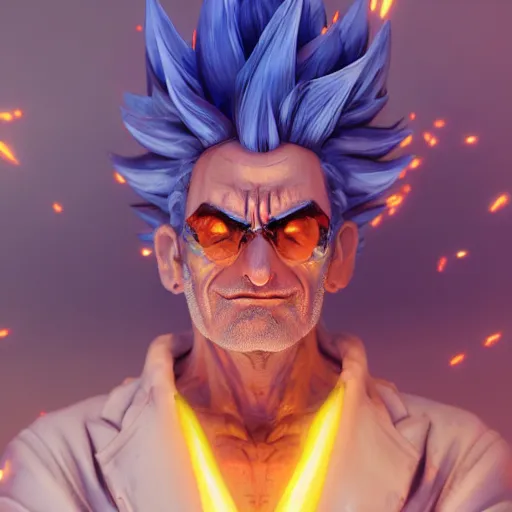 Image similar to rick sanchez going super sayain, au naturel, hyper detailed, digital art, trending in artstation, cinematic lighting, studio quality, smooth render, unreal engine 5 rendered, octane rendered, art style by klimt and nixeu and ian sprigger and wlop and krenz cushart