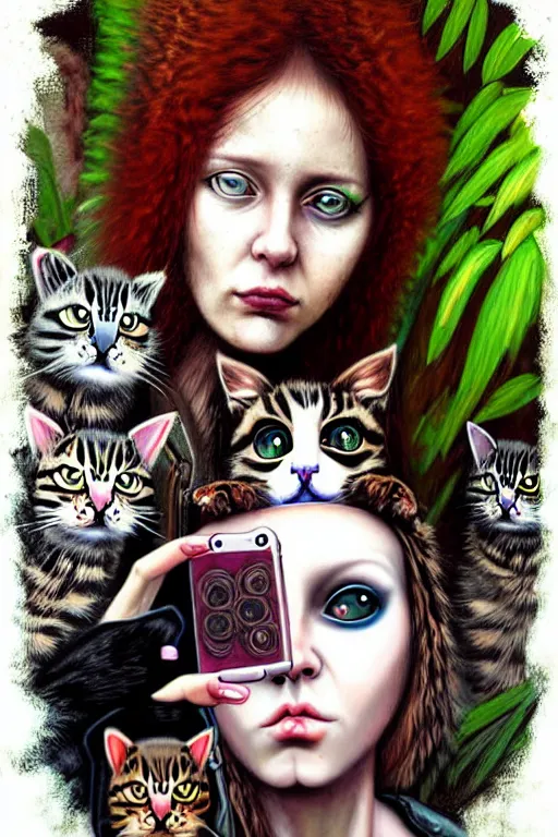 Image similar to punk rock girls making selfie with cats in jungle , mad max jacket, post apocalyptic, renaissance, oil painting like Leonardo Da Vinci, hyper realistic style, fantasy by Olga Fedorova