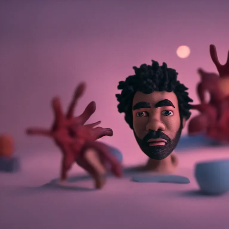 Image similar to a cinematic film still of a claymation stop motion film starring childish gambino, shallow depth of field, 8 0 mm, f 1. 8