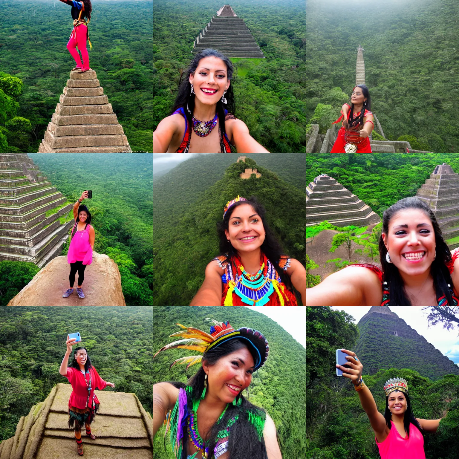 Prompt: Aztec princess taking a selfie, standing on top of a South American pyramid in a rainforest