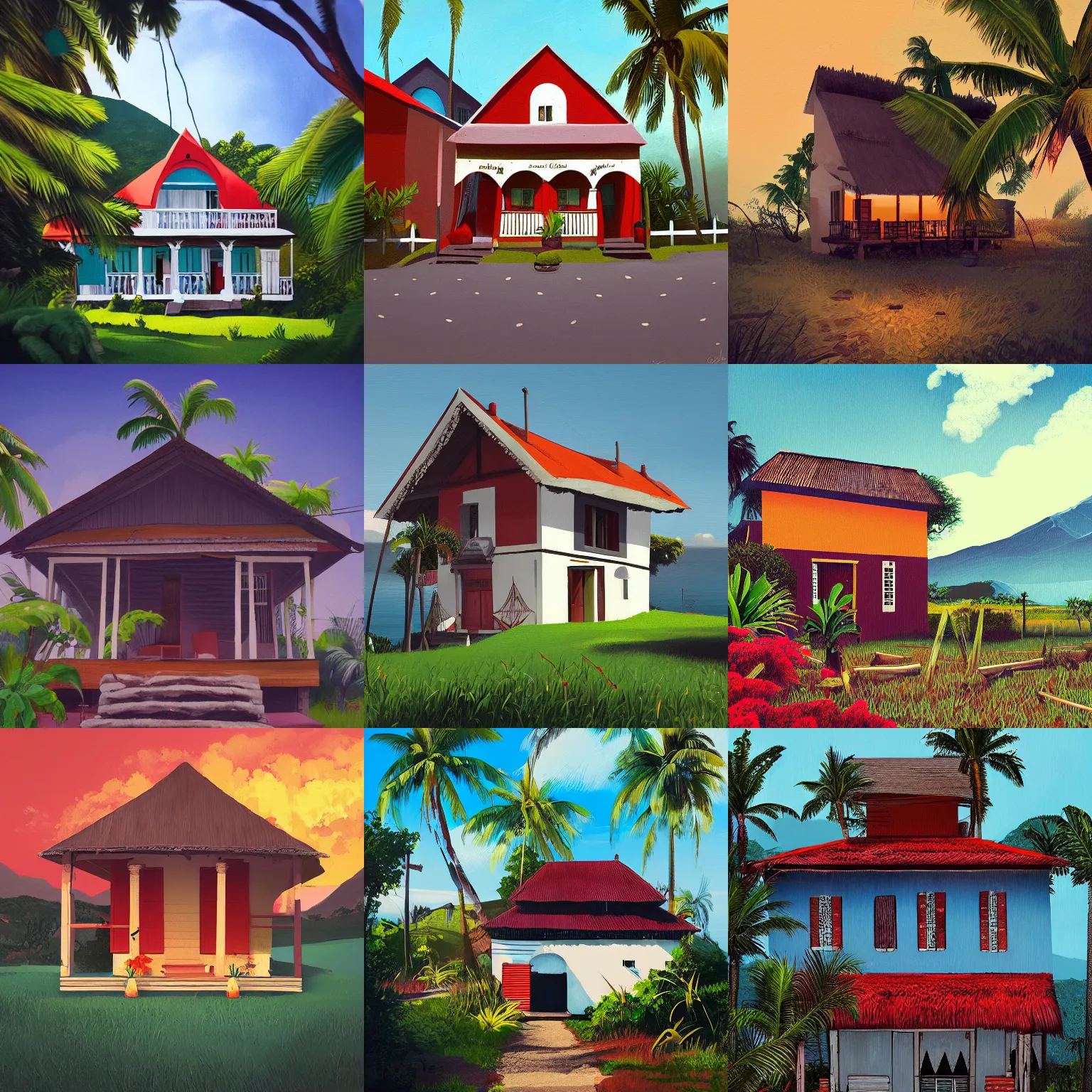 Prompt: traditional creole house from Reunion Island painting by James Gilleard,trending on artstation