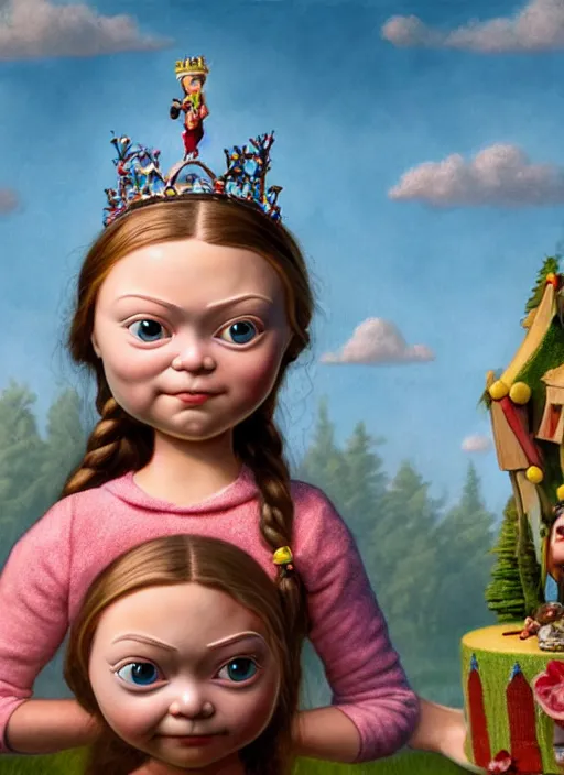 Image similar to highly detailed closeup, face profile portrait of greta thunberg as a tin toy fairytale princess wearing a crown eating cakes, bikini, unreal engine, nicoletta ceccoli, mark ryden, earl norem, lostfish, global illumination, detailed and intricate environment
