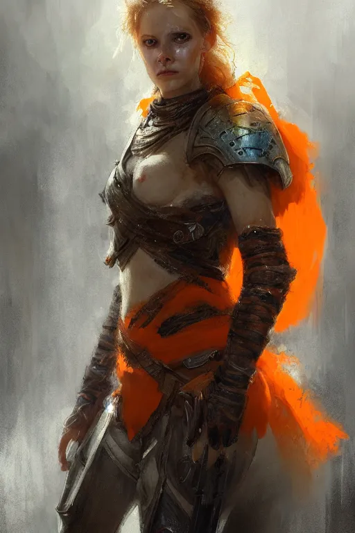 Image similar to full - body portrait of a ranger, female, white and orange breastplate, magical, high fantasy, d & d, by jeremy mann, face details, extremely detailed, digital illustration