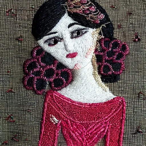 Image similar to a tiny beautiful handmade embroidery of a woman. hand embroidery.