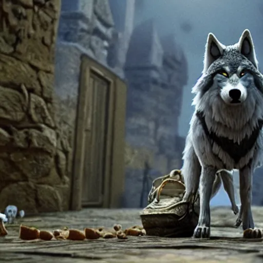 Prompt: a literal wolf in sheep's clothing, frame of a 3D animated movie, highly detailed, oscar-winning film