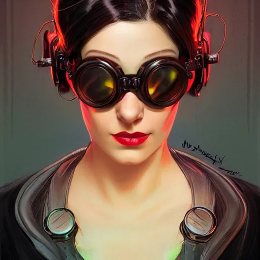 Image similar to a head and shoulders portrait of a dark haired woman, neon, retro, steampunk, goggles, smooth, sharp focus, intricate, artstation, detailed concept art by Rutkowski and Mucha and sky sewa and Marc Simonetti