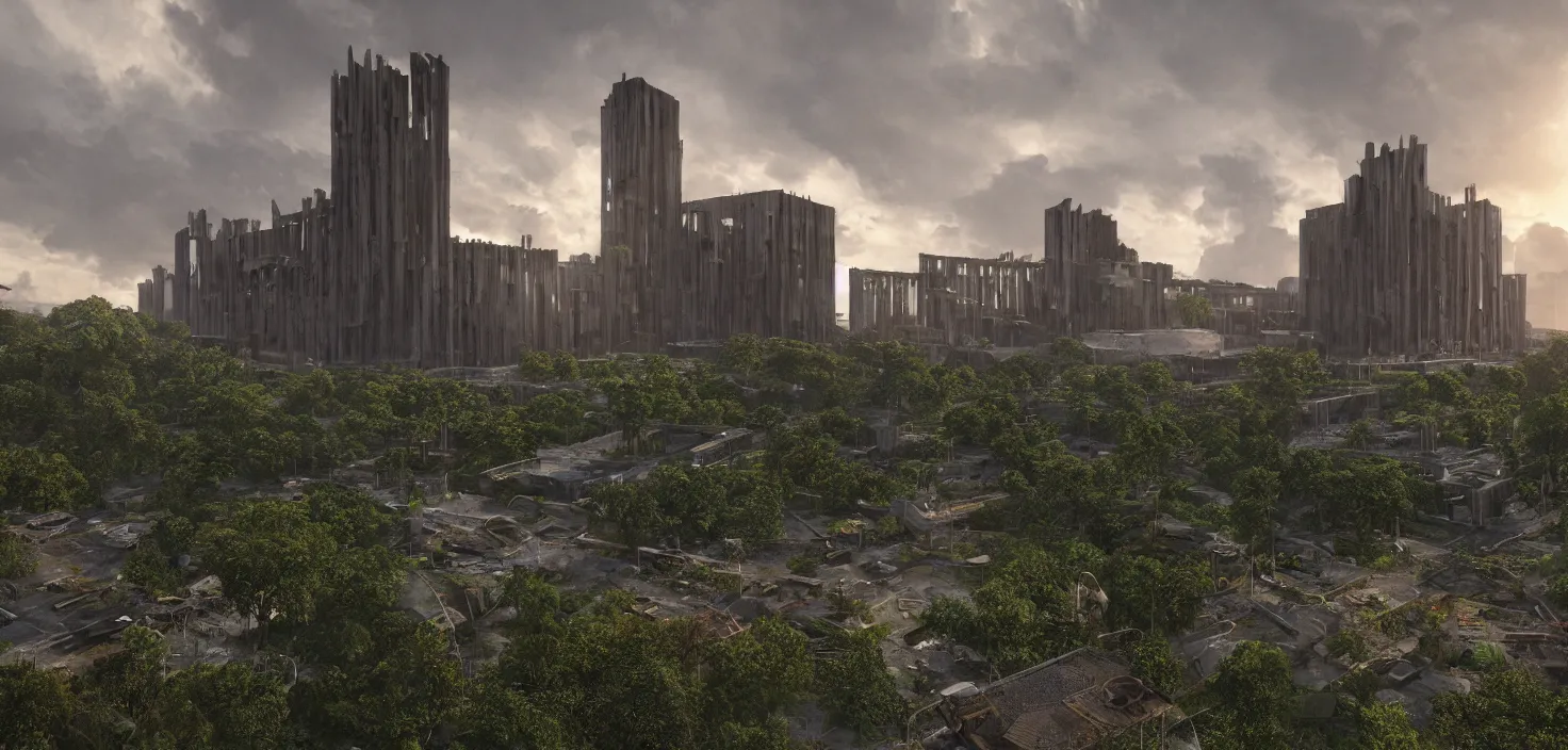 Image similar to an extremely detailed cathedral of brutalist architecture, surrounded by lush green vegetation, stunning volumetric lighting, sunset, rusted metal, concrete, translucent material, stunning skies, scattered rubbish and debris, 8k, photorealistic, hyper detailed, unreal engine 5, IMAX quality, cinematic, epic lighting, digital painting in the style of DOOM and Quake, by Greg Rutkowski, trending on Artstation
