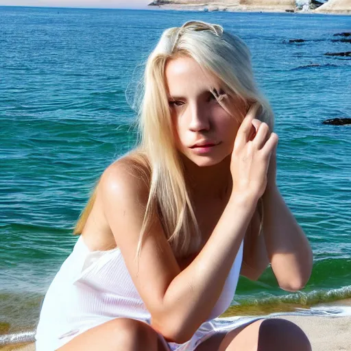 Prompt: woman with long blonde hair sitting at the beach wearing white clothes, photograph, highly detailed, perfect face, high quality, trending 8k
