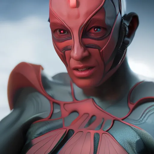 Prompt: photo of a superhero that is half human half alien, photorealistic, octane render, unreal engine, 8 k, high detailed