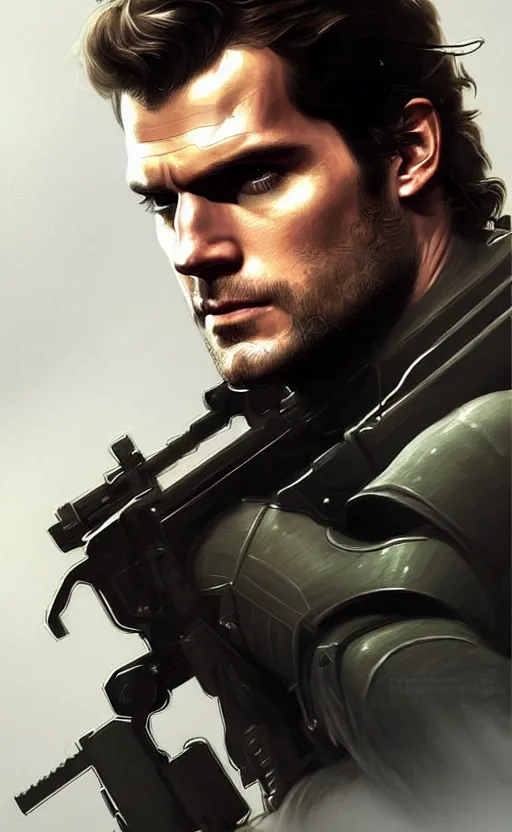 Image similar to portrait of henry cavill as solid snake, eye patch, metal gear solid, upper body,, henry cavill!!!, fantasy, intricate, elegant, highly detailed, digital painting, artstation, concept art, smooth, sharp focus, illustration, art by artgerm and greg rutkowski and alphonse mucha