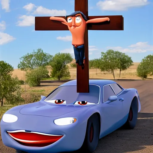 Image similar to jesus christ on the cross as a car, christian art, as a car from the movie pixar's cars 2,