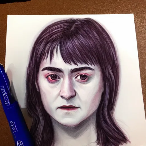 Prompt: portrait of venus arya stark drawn with red and blue ballpoint on white paper