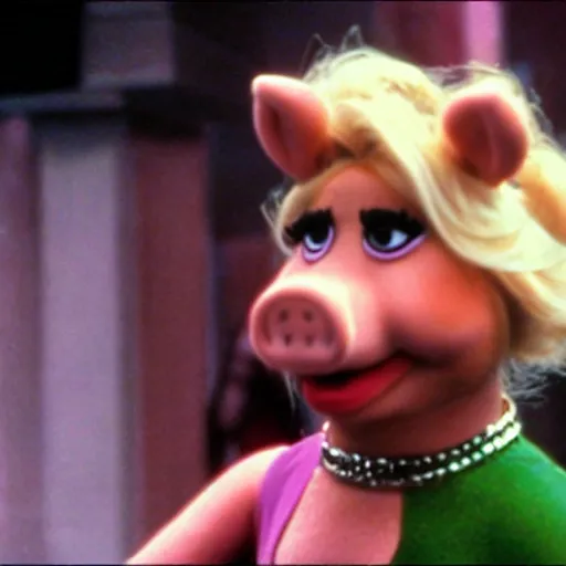 Image similar to movie still of miss piggy starring as trinity in the matrix 1 9 9 9 movie