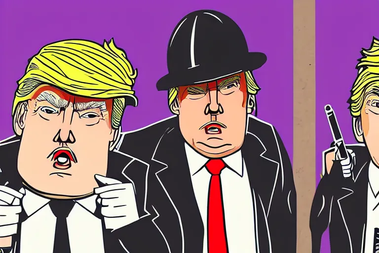 Image similar to 2 d poster illlustration donald trump and donald trump wearing trenchcoats and black spy hats for the movie spy vs spy