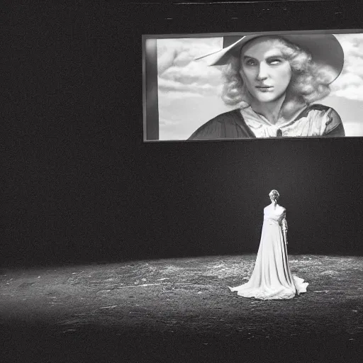 Image similar to photo, a woman in a giant flowing white dress standing in front of the projection of a vintage cowboy movie, standing inside a dark western rocky scenic landscape, volumetric lighting