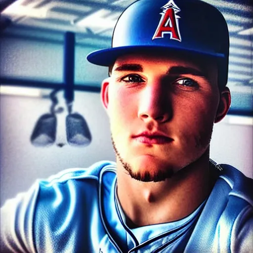Prompt: “a realistic photo of a guy who is an attractive baseball player man who is half robot and half humanoid, who is a robot, Mike Trout, shiny skin, blue eyes”