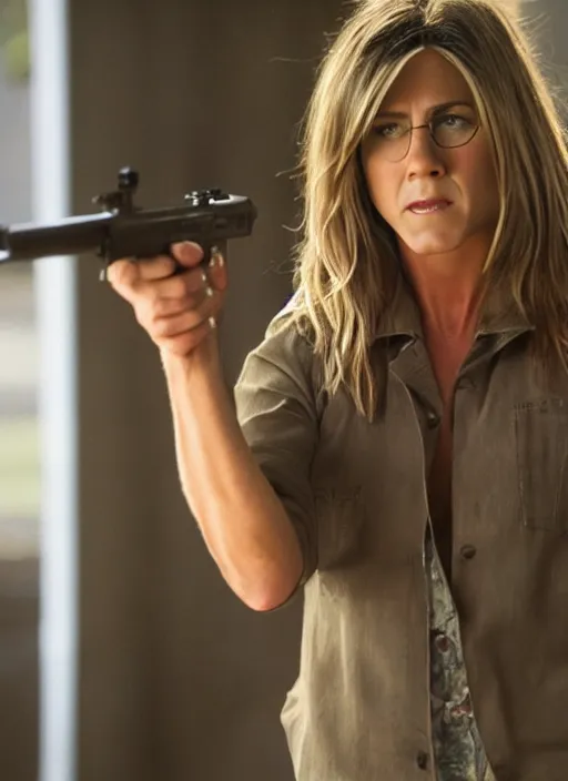 Prompt: film still of Jennifer Aniston as Martin Riggs in Lethal Weapon, 4k