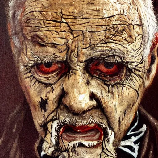 Prompt: a scary painting of an old man covered in mud