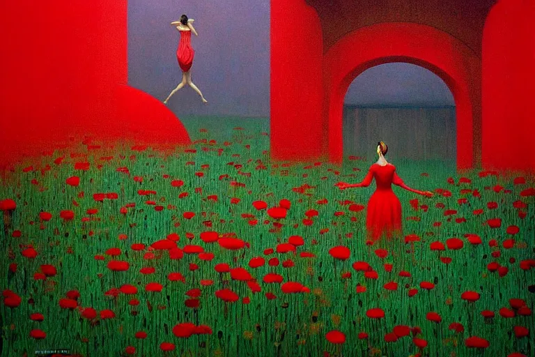 Image similar to only with red, a red expanse of flowers of different types, castle in background, goblin dance over the flowers, in the style of beksinski, parts by edward hopper, parts by rodcenko, parts by yue minjun, intricate and epic composition, red by caravaggio, insanely quality, highly detailed, masterpiece, red light, artstation, 4 k