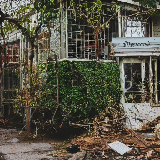 Prompt: Abandonned overgrown diner, Canon EOS R3, details, f/1.4, ISO 200, 1/160s, 8K, RAW, unedited