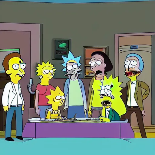Prompt: rick and morty in the style of simpsons