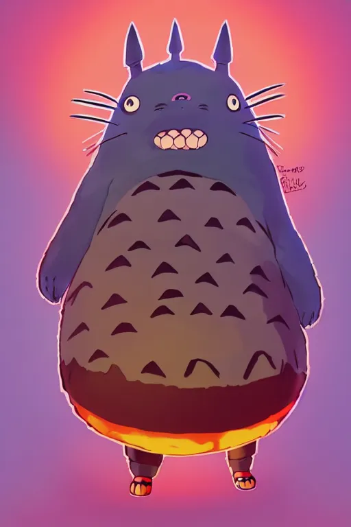 Prompt: colorful full body shot of a cute totoro, trending on artstation, trending on deviantart ,cinematic backlighting, 8k, symmetrical, correct proportions, hyper detail illustration by tim schafer, by tim burton, by walt disney, orange lights, pink shadows