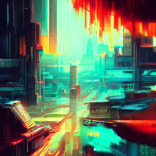 Prompt: a graph style gauche impasto, sad, steampunk, cyberpunk art by james gilleard, city depth of field, cgsociety, retrofuturism, synthwave, retrowave, outrun, paint, high detail.