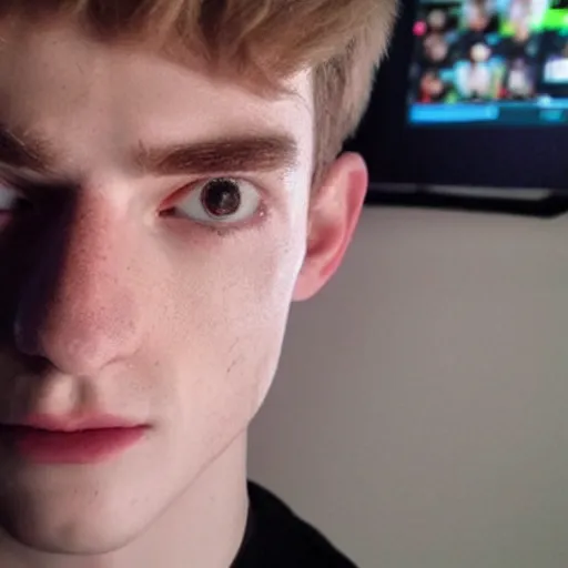 Image similar to “a realistic detailed photo of a guy who is an attractive humanoid who is half robot and half humanoid, who is a male android, twitch streamer Ninja Tyler Blevins, shiny skin, posing like a statue, blank stare, gaming room”